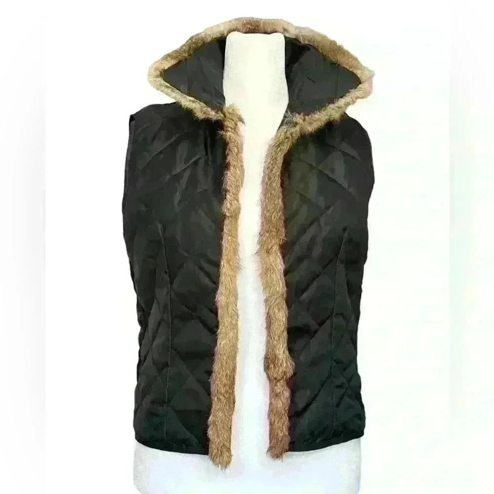 Custom made Navy Reversible Quilted Vest with Fur Collar. Size S/M